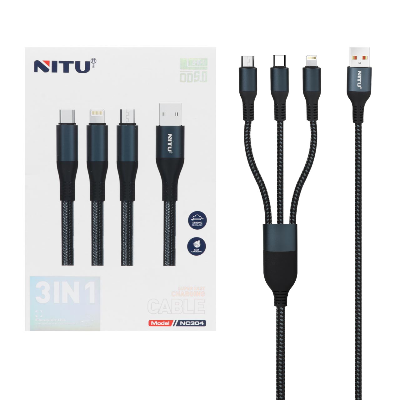 خریدکابل شارژ سه کاره Nitu مدل NC304 - سرمه ای (گارانتی 18 ماه تعویض نیکان همراه)تاپگارد