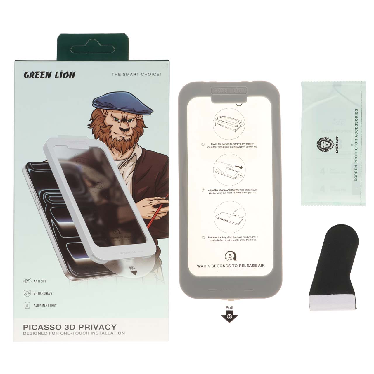 محافظ صفحه نمایش شیشه ای اورجینال Green Lion Picasso 3D Privacy One-Touch Installation مدل Apple iPhone 17 / iPhone 16 P