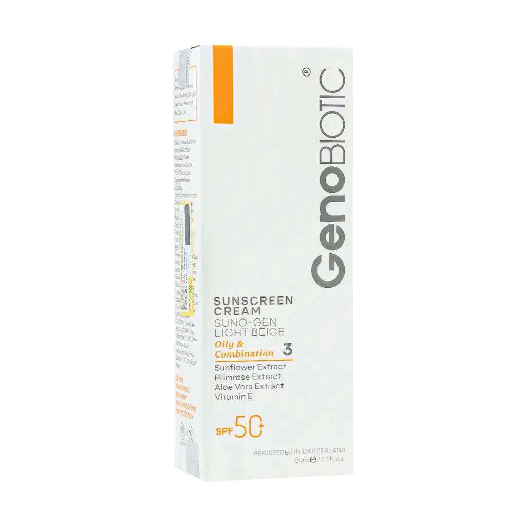 کرم ضد آفتاب SPF50 مناسب پوستهای چرب و مختلط (بژ روشن) ژنوبایوتیک | 50 میلی لیتر
