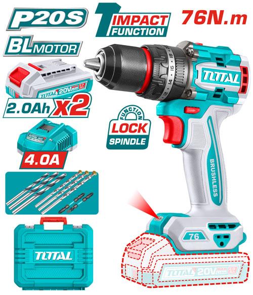 دریل شارژی چکشی توتال TIDLI20768 براشلس 76 نیوتن متر