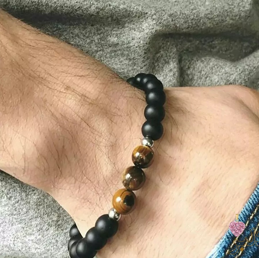 دستبند ترکیبی مردانه (سنگ چشم ببر + سنگ اونیکس + سنگ حدید) کیفیت عالی