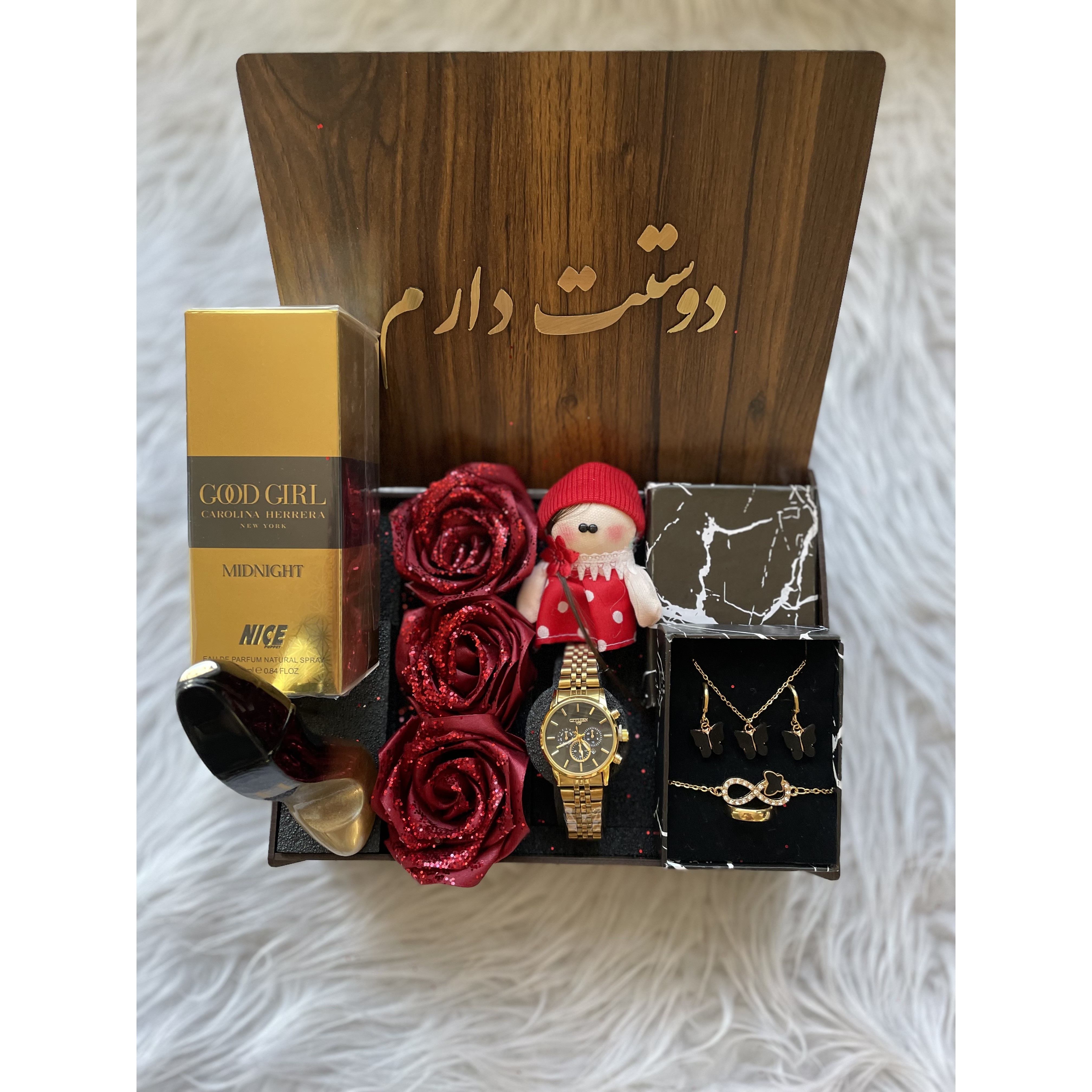 (ارسال رایگان) باکس هدیه زنانه شیک کادو تولد روززن ساعت ادکلن نیم ست باکس چوبی