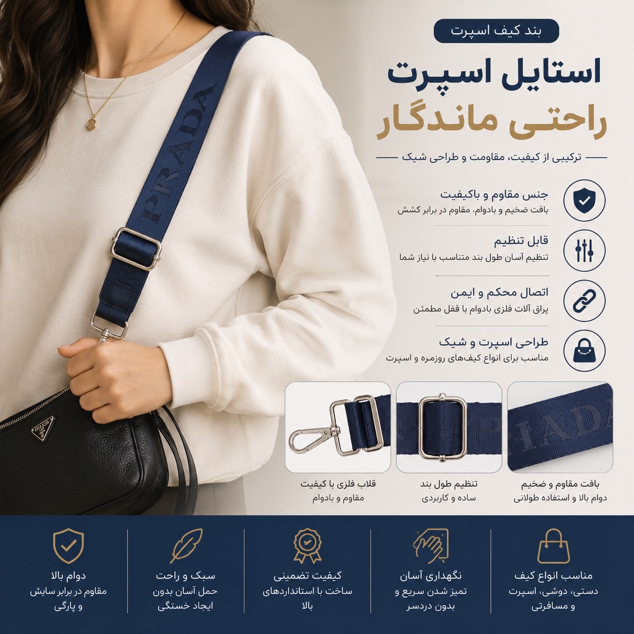 بند کیف اسپرت سورمه ای PRADA