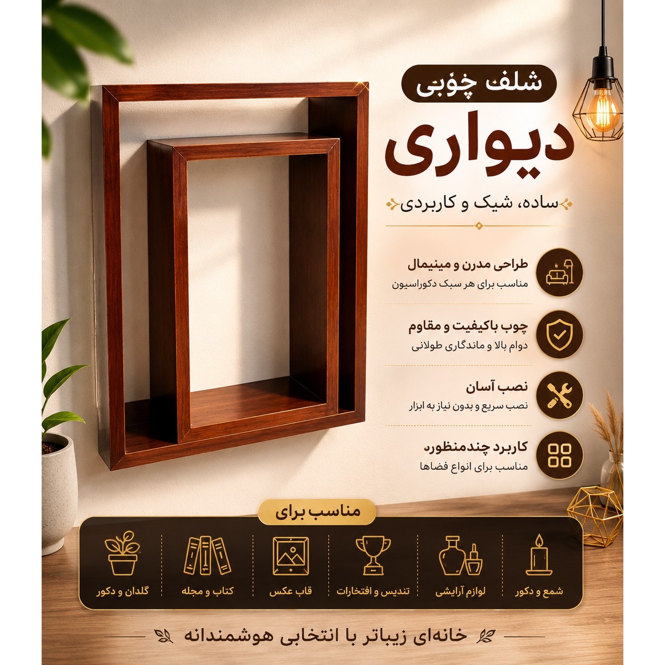 شلف چوبی دیواری 2 عددی
