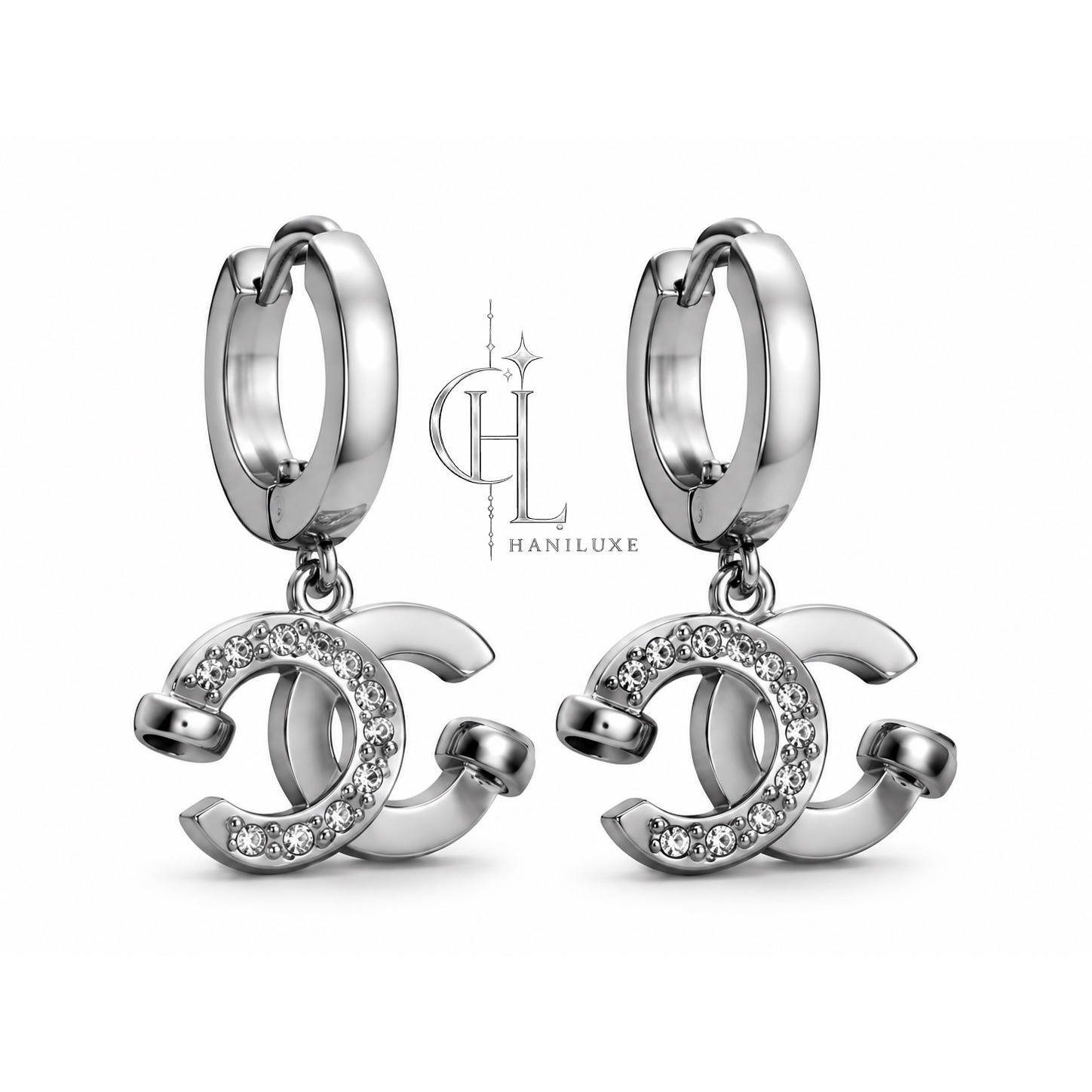 گوشواره حلقه ای آویزدار طرح CC نگین دار برگرفته از برند chanel برند S steel