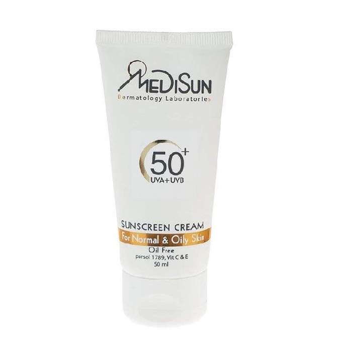 کرم ضد آفتاب بی رنگ مدیسان مدل SPF 50 مناسب پوست های چرب و معمولی حجم 50 میلی لیتر