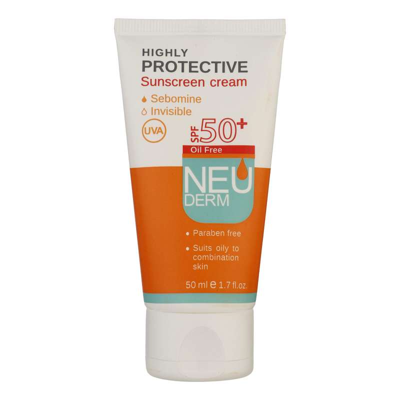 کرم ضد آفتاب بی رنگ نئودرم مدل Highly Protective SPF50 مناسب پوست های چرب تا مختلط حجم 50 میلی لیتر