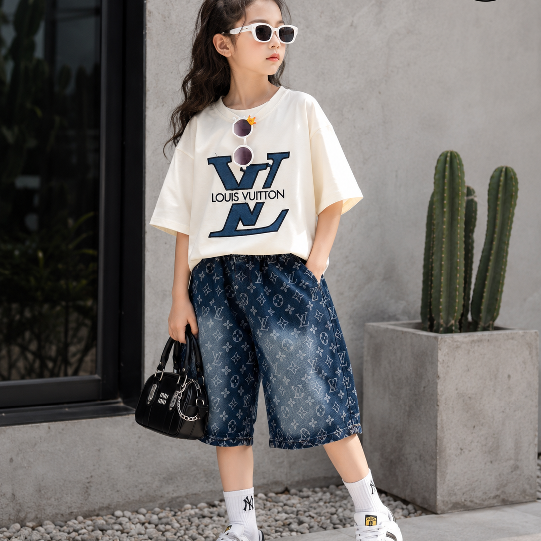 ست بیرونی دخترانه لش استایل طرح Louis Vuitton تیشرت و شلوار جین بگ سایز 50 تا 65