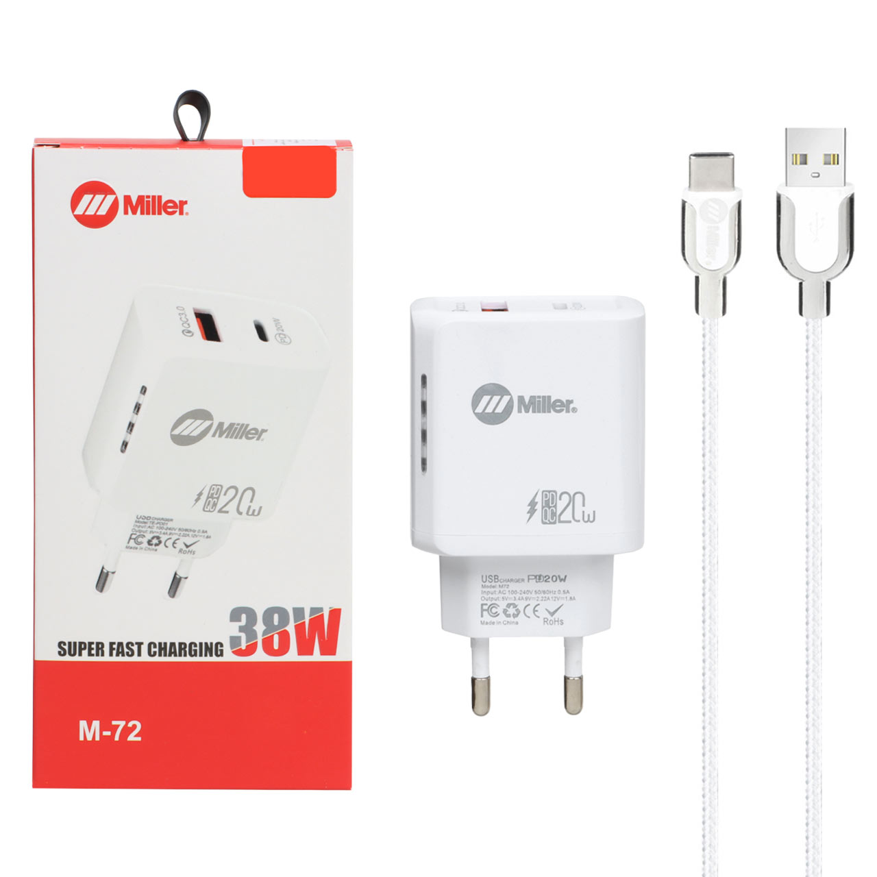 خریدشارژر دیواری سوپر فست و PD دو پورت Miller مدل M-72 38W به همراه کابل شارژ Type-C - سفیدتاپگارد
