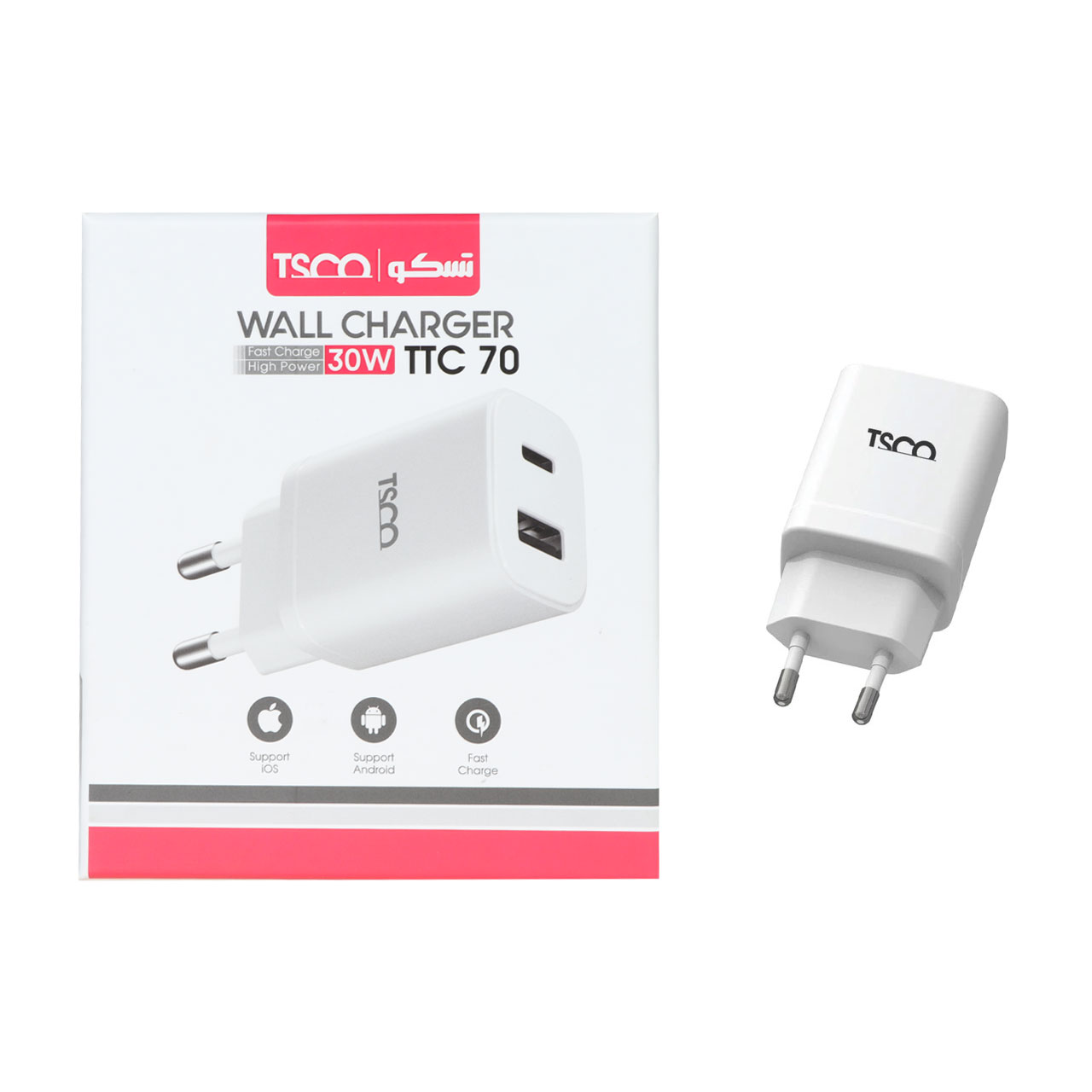 خریدشارژر دیواری PD و فست دو پورت TSCO مدل TTC 70 - سفیدتاپگارد