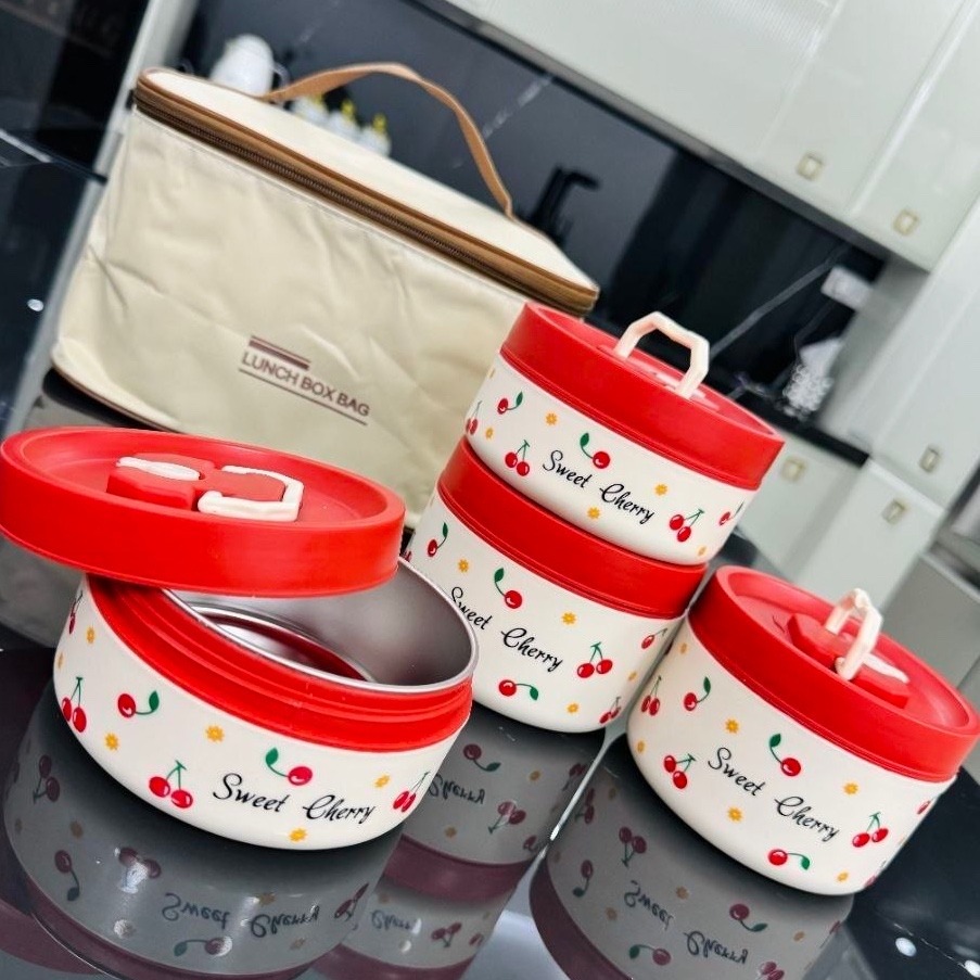 ظرف غذای( لانچ باکس) گیلاسی داخل استیل، 4 تکه، بدون نشتی، به همراه کیف
