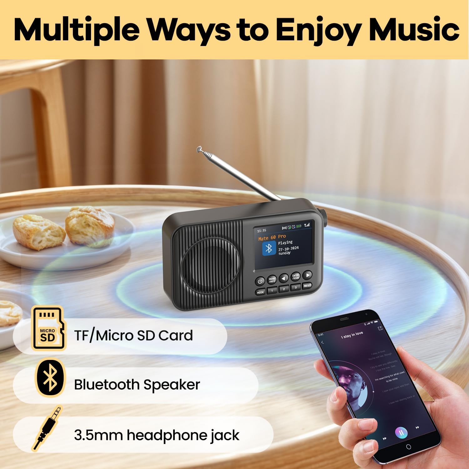 رادیو قابل حمل DR112T رادیو دیجیتال FM AM SW با بلوتوث، پخش MP3 و باتری شارژی