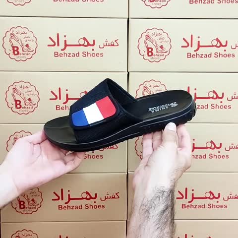 دمپایی تابستانی چسبی پرچم مردانه پسرانه رنگ مشکی سایز 40 تا 45 زیره پیو تزریق لژ 3 سانتی رویه راشل خارجی سبک و راحتی 