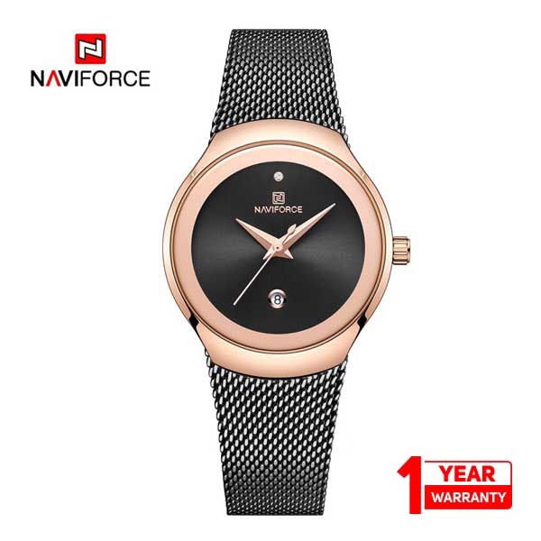 ساعت مچی زنانه نیوی فورس NF5004 بند حصیری مشکی رزگلد