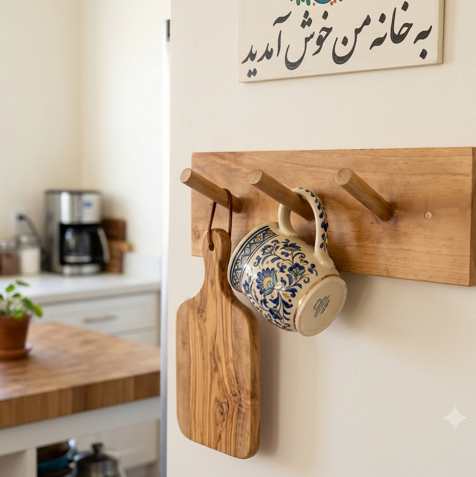 شلف دیواری چوبی آشپزخانه دست ساز،نظم دهنده ماگ وتخته سرو