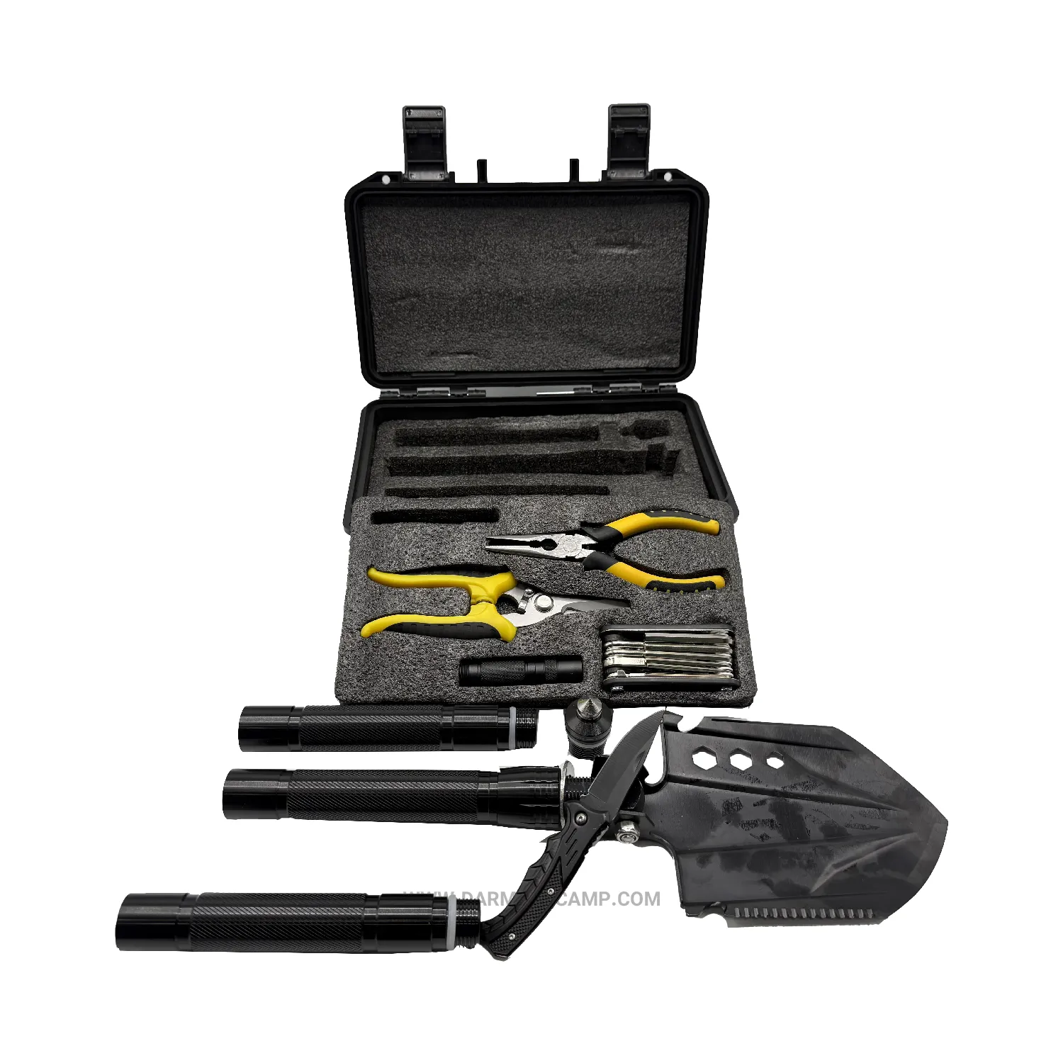 بیلچه چندکاره تاکتیکی مدل Survival Pro Kit به همراه چراغقوه، چاقو ، ابزار دستی و کیف ضدضربه