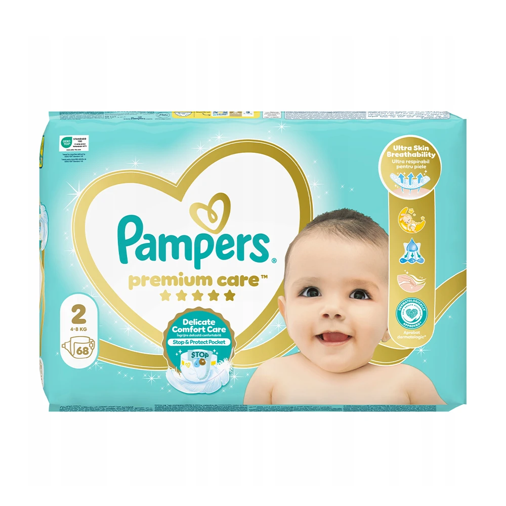 پوشک بچه پمپرز لهستان مدل premium care سایز 2 بسته 68 عددی
