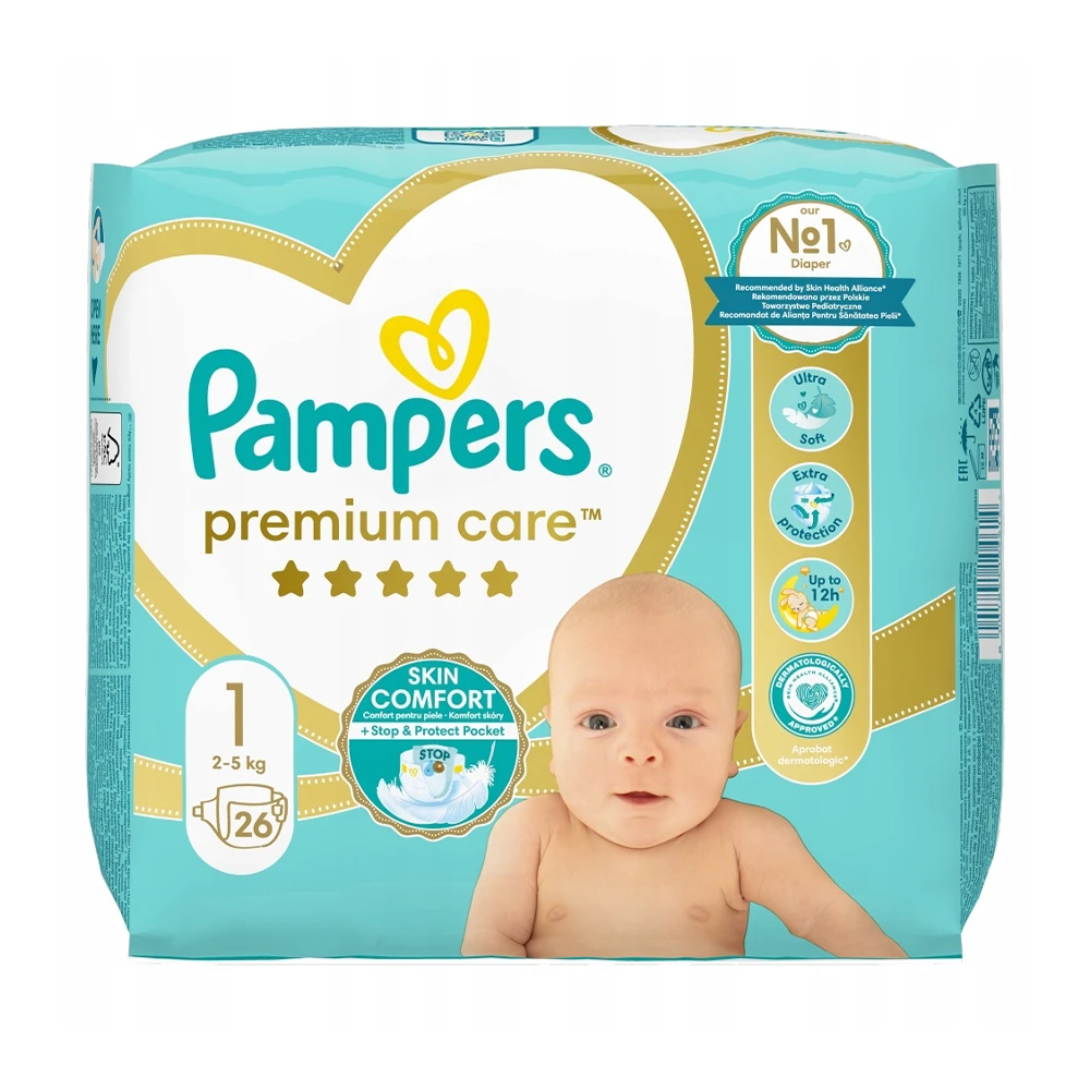 پوشک بچه پمپرز لهستان مدل premium care سایز 1 بسته 26 عددی