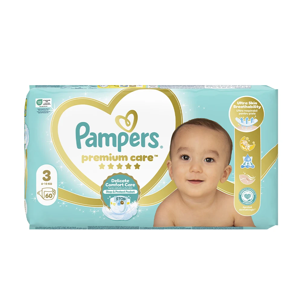 پوشک بچه پمپرز لهستان مدل premium care سایز 3 بسته 60 عددی