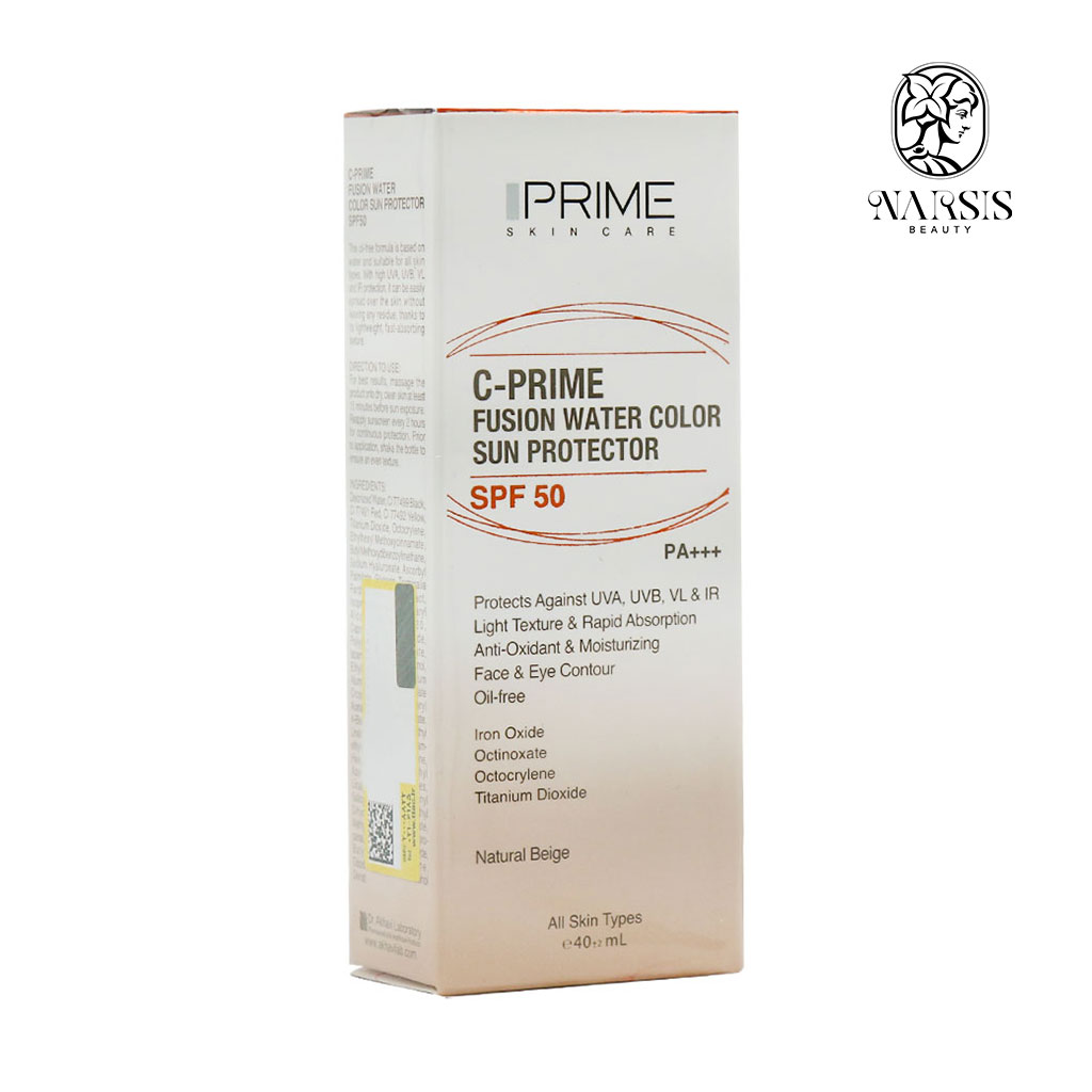  فلوئید ضد آفتاب SPF50 فیوژن واتر پرایم حاوی ویتامین C بژ طبیعی حجم 40 میلی لیتر نارسیس بیوتی