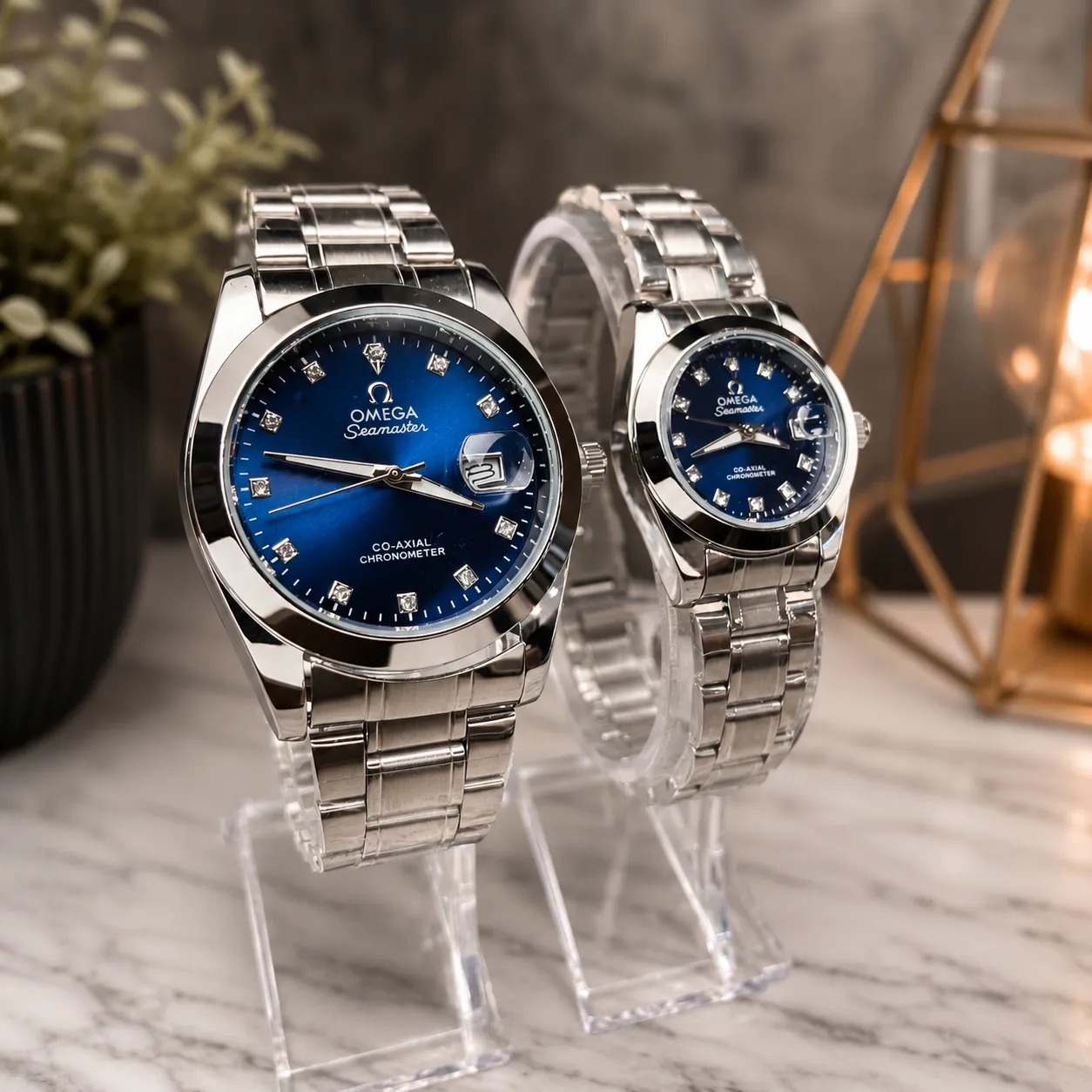 ست ساعت مچی زنانه و مردانه طرح Omega Seamaster صفحه آبی