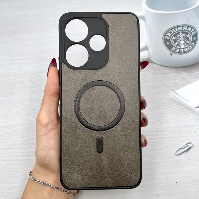 قاب گوشی Redmi 13 / Redmi 13x / Poco M6 4G شیائومی Elite Leather Case چرم طرح مگ سیف Magsafe محافظ لنز دار خاکستری کد 26