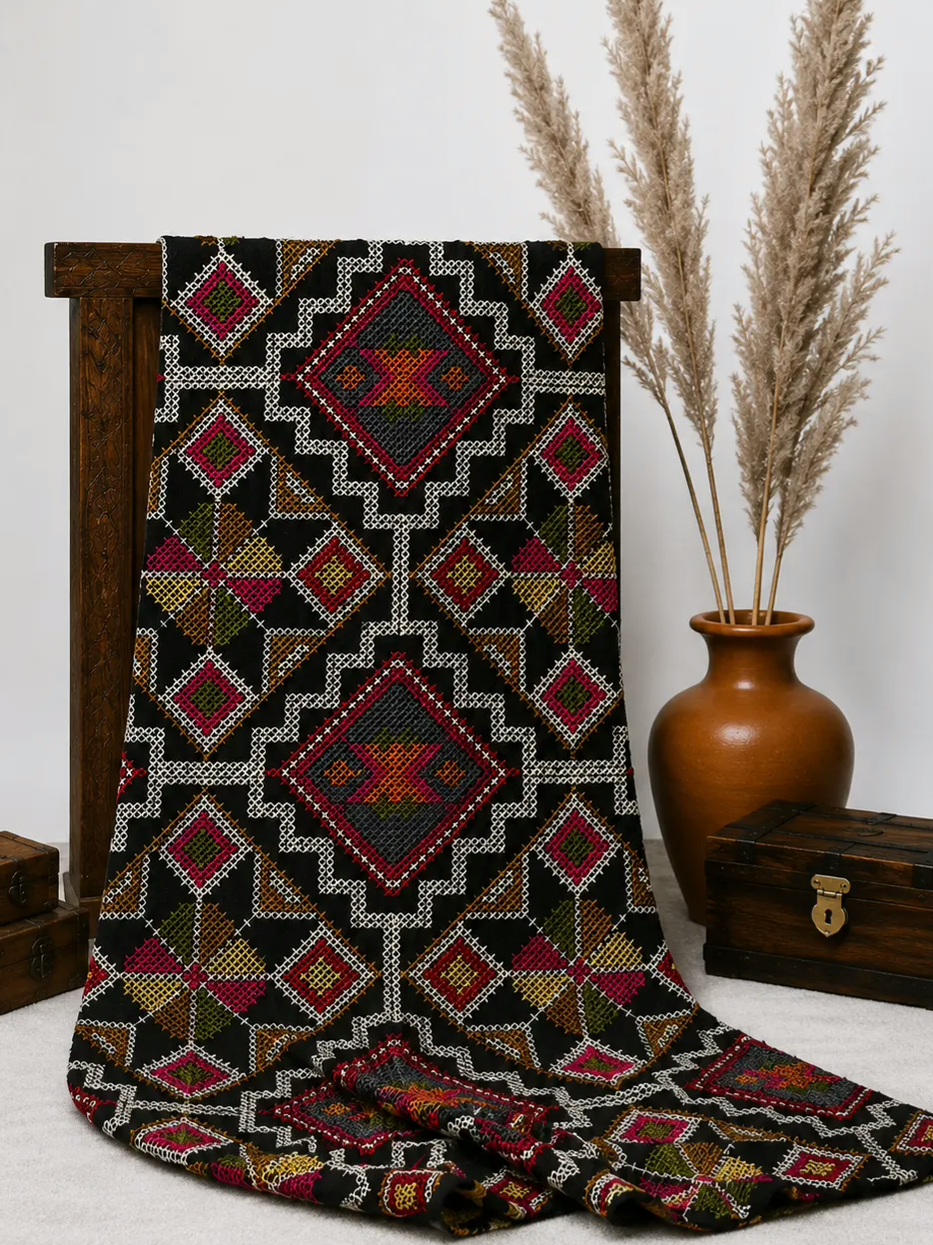 پارچه لینن شماره دوزی مشکی با نقوش کرم صورتی