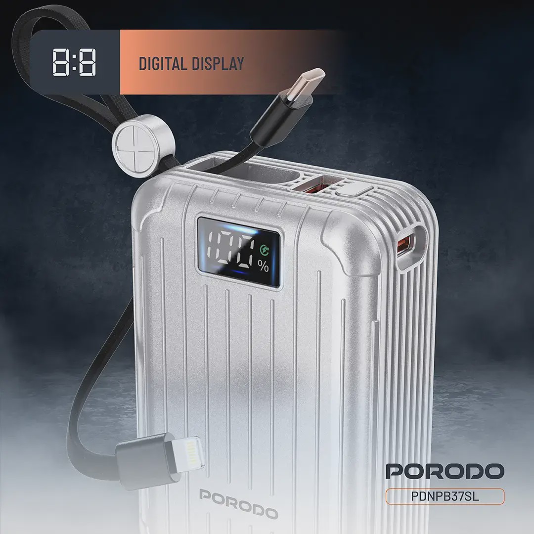 پاوربانک 20000 میلی آمپرساعت با کابل Type-C و لایتنینگ Porodo Petite PDNPB37