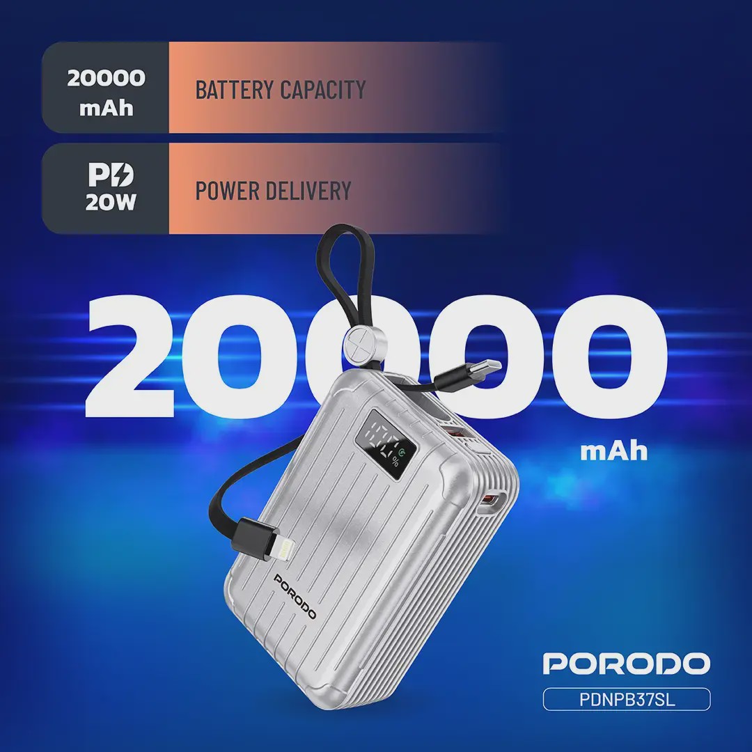 پاوربانک 20000 میلی آمپرساعت با کابل Type-C و لایتنینگ Porodo Petite PDNPB37