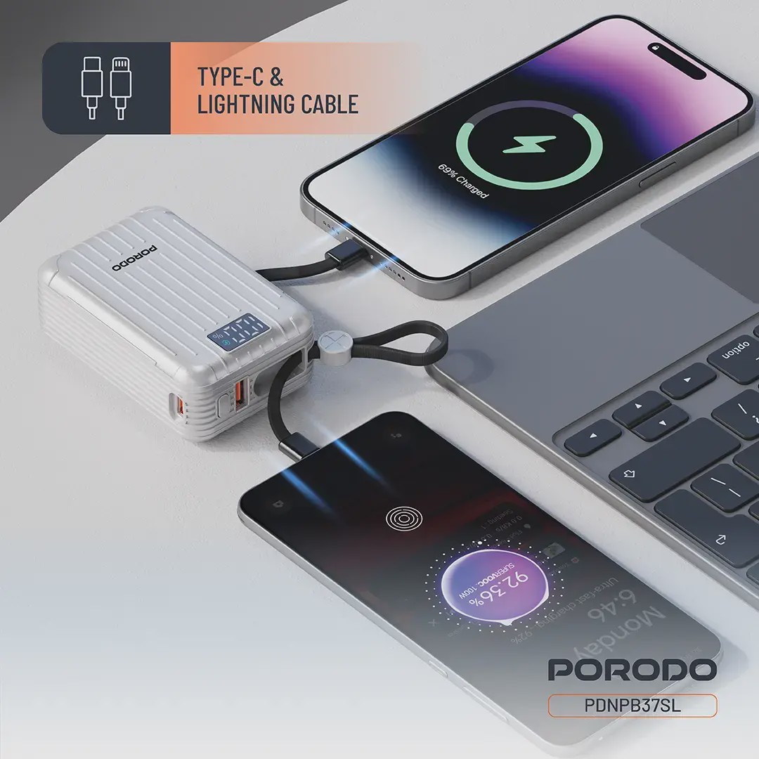 پاوربانک 20000 میلی آمپرساعت با کابل Type-C و لایتنینگ Porodo Petite PDNPB37