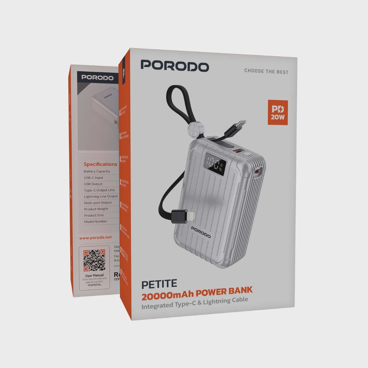 پاوربانک 20000 میلی آمپرساعت با کابل Type-C و لایتنینگ Porodo Petite PDNPB37