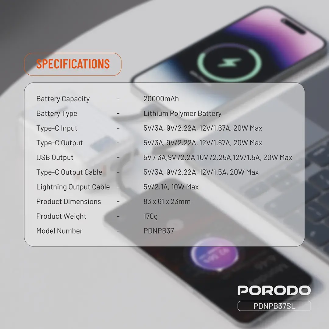 پاوربانک 20000 میلی آمپرساعت با کابل Type-C و لایتنینگ Porodo Petite PDNPB37