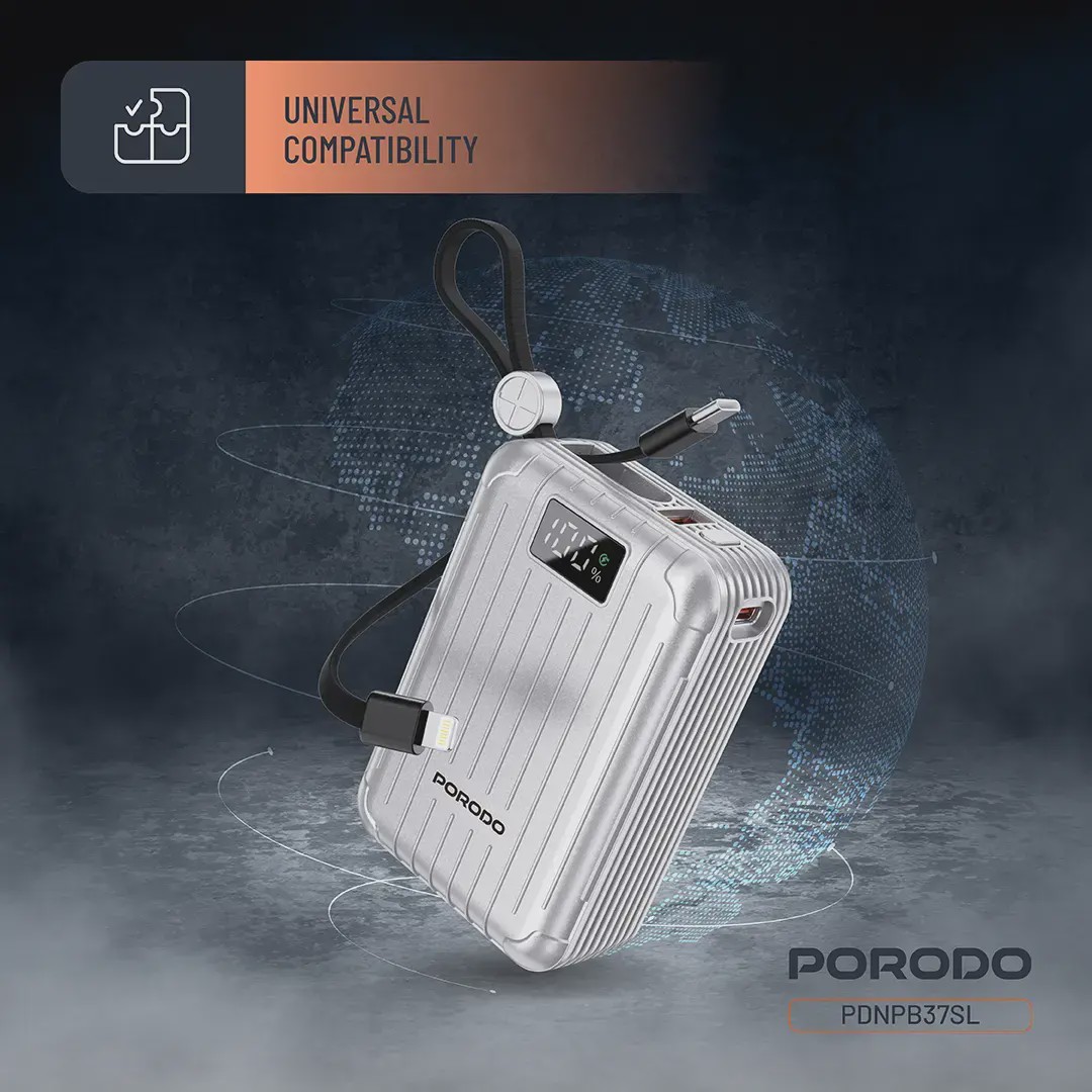 پاوربانک 20000 میلی آمپرساعت با کابل Type-C و لایتنینگ Porodo Petite PDNPB37