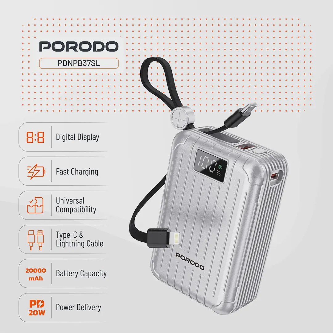 پاوربانک 20000 میلی آمپرساعت با کابل Type-C و لایتنینگ Porodo Petite PDNPB37