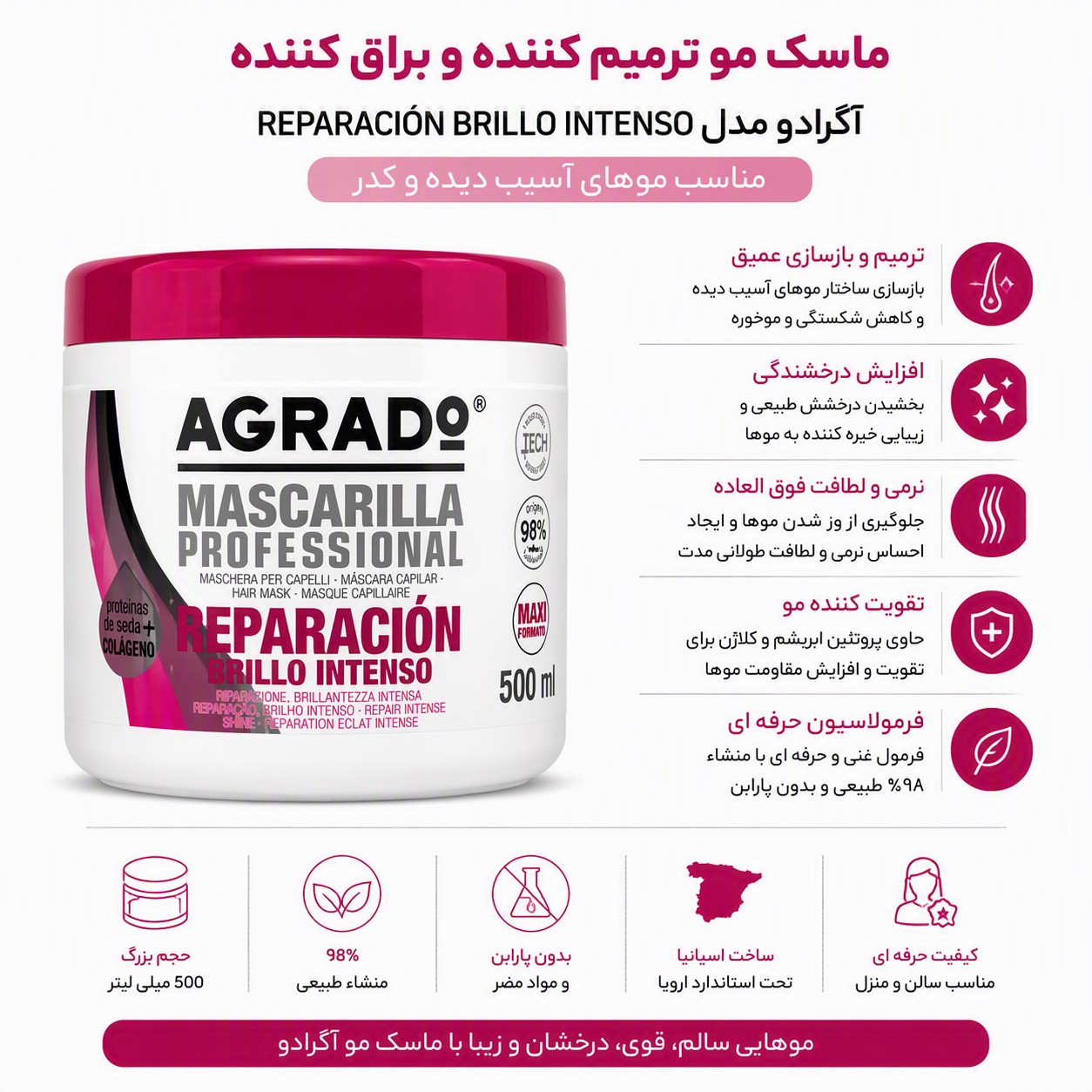 ماسک ترمیم کننده ، تغذیه مو ، درخشش مو آگرادو (AGRADO)