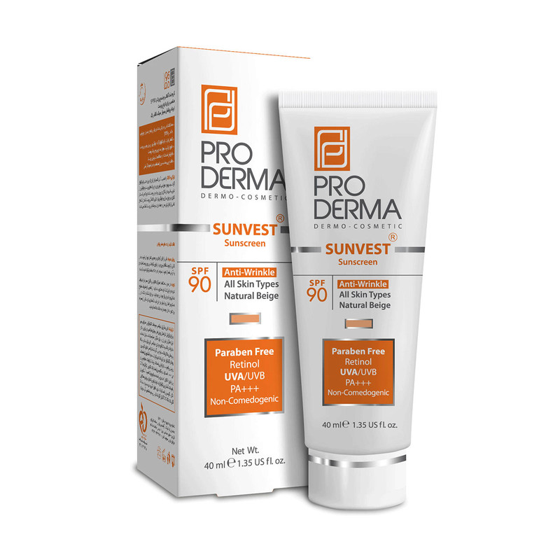 کرم ضد آفتاب رنگی پرودرما، SPF 90، مدل 90 Sunvest، مناسب انواع پوست با تنالیته متوسط و حجم 40 میلی لیتر، ضدآب، فاقد ...