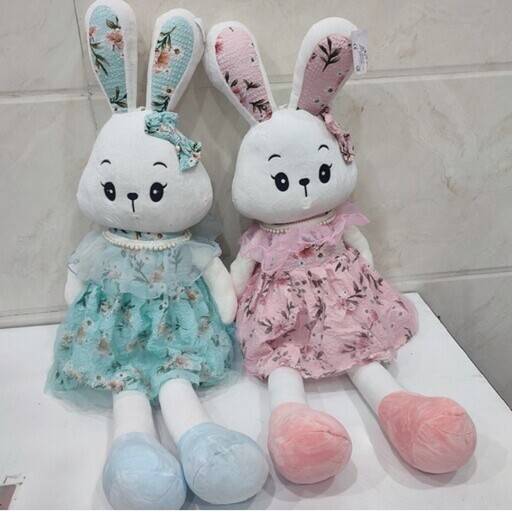عروسک خرگوش لباس گلدار یقه حریر  55سانتی خارجی