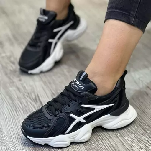 کتونی آسیکس زنانه دخترانه کفش ونس اسپرت اسپورت اسیکس asics مشکی سفید چرم لژدار لژ دار شیک طبی سبک راحت ورزشی چهل وپنج