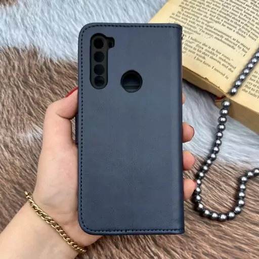 کیف گوشی Redmi Note 8 - Redmi Note 8 2021 شیائومی چرم مگنتی جاکارتی بند آویز دار محافظ لنزدار سرمه ای کد 19238