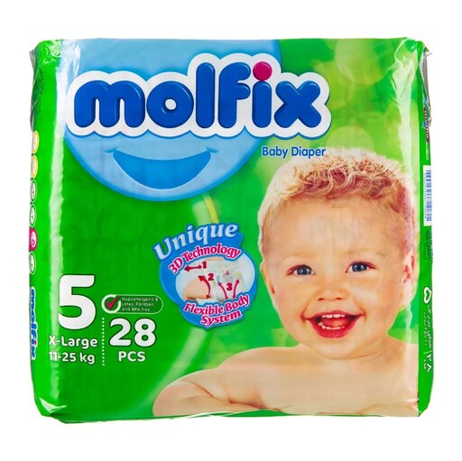 پوشک کودک مولفیکس Molfix سایز 5 مناسب وزن 11 تا 25 کیلو گرم بسته 28 عددی