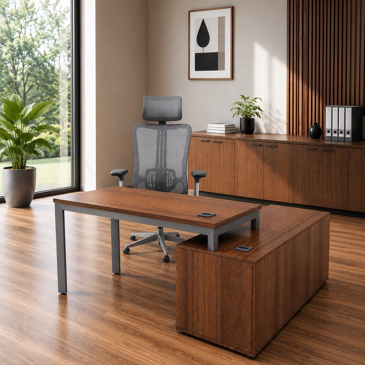 خرید میز پایه فلز مدرن مدل K210 میز اداری MDF با ال، سه کشو و باکس مبلمان اداری امپراطور