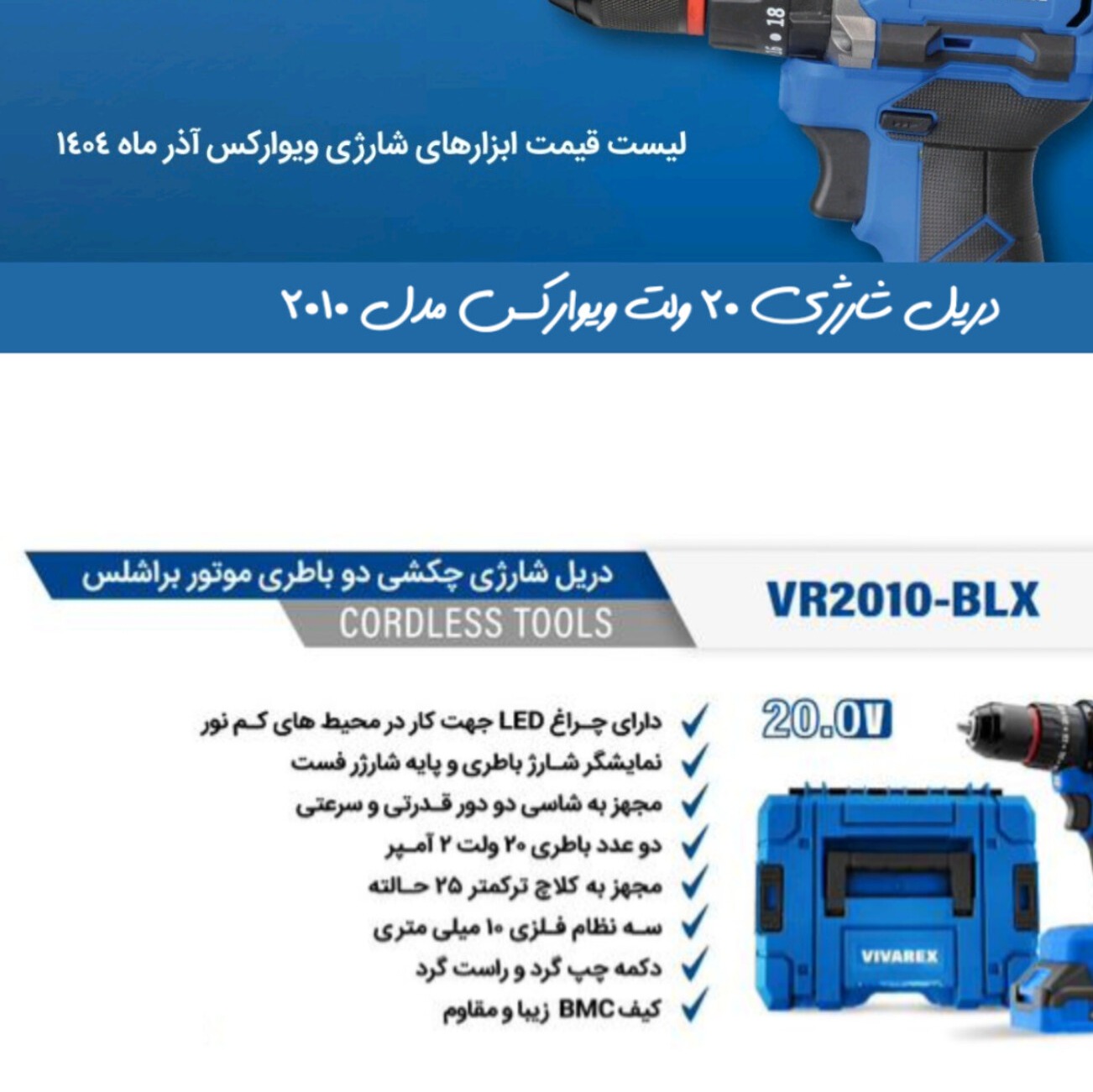 دریل شارژی ویوارکس 20 ولت چکشی موتور براشلس VR 2010 -BLX