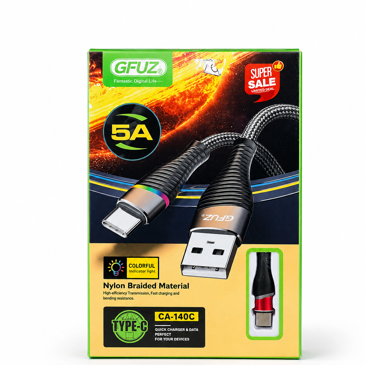 کابل شارژ تایپ سی فست GFUZ مدل CA-140C چراغدار