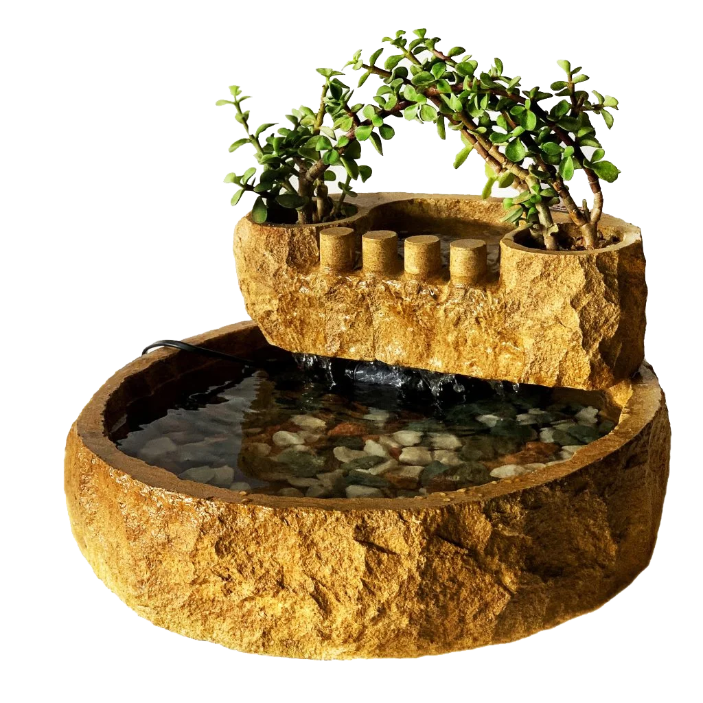 آبنمای سنگی دو طبقه همراه با گیاه (پس کرایه)