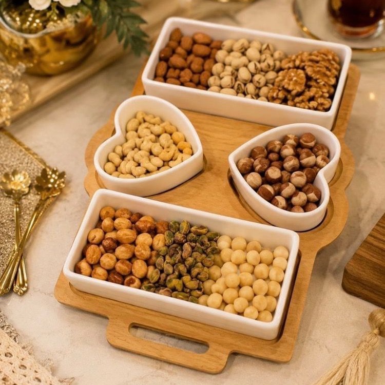ظرف پذیرایی سرامیکی چوبی اردو خوری مستطیل قلب و لوزی شش ضلعی
