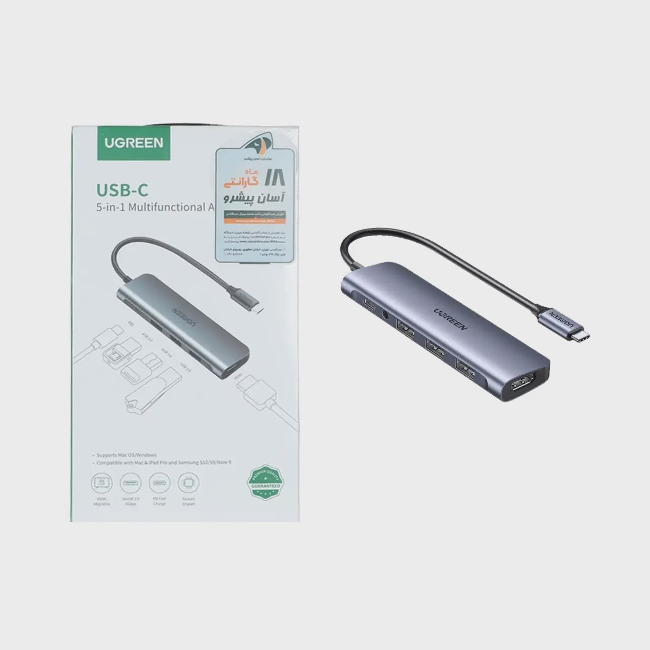 هاب 5 پورت Type-C و تبدیل UGREEN HDMI مدل CM136-50209 - خاکستری (گارانتی 18 ماهه آسان پیشرو)
