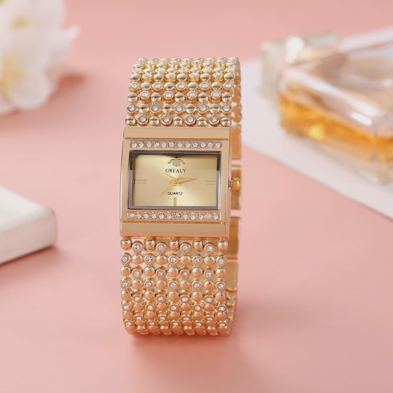 ساعت مچی زنانه دخترانه REALY jewellery طلایی تیفانی مکعبی بند دستبندی مجلسی