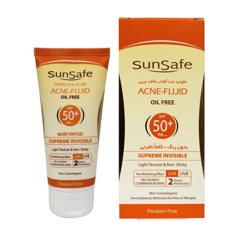 فلوئید ضد آفتاب سان سیف بدون رنگ و کاملا نامرئی وفاقد چربی دارای SPF50 حجم 50 گرم