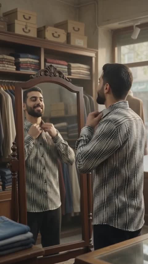 پیراهن مردانه آستین بلند یقه کوبایی طرحدار جنس کرپ لینن