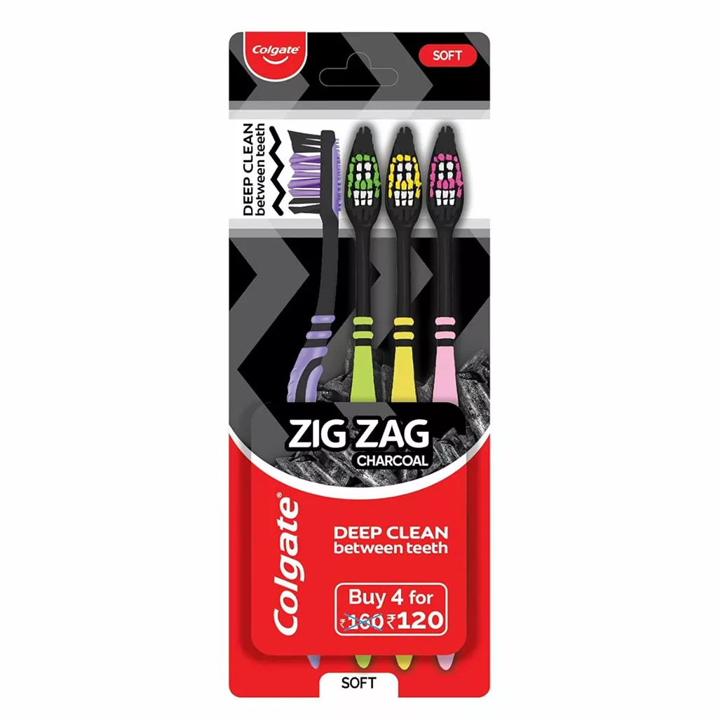 مسواک ذغالی سافت کولگیت Colgate مدل Zig Zag برس نرم بسته 4 عددی